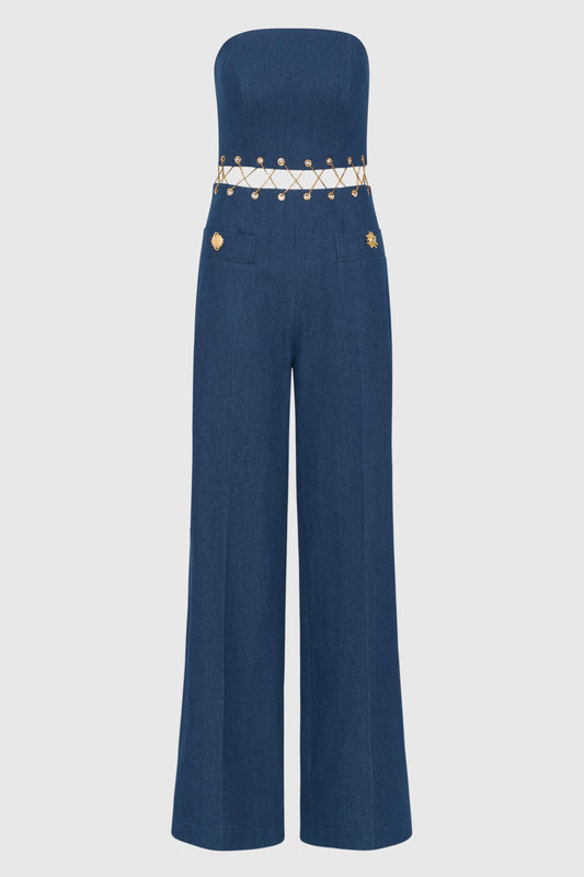 Denim Dreamscape with Crystal Chain Jumpsuit