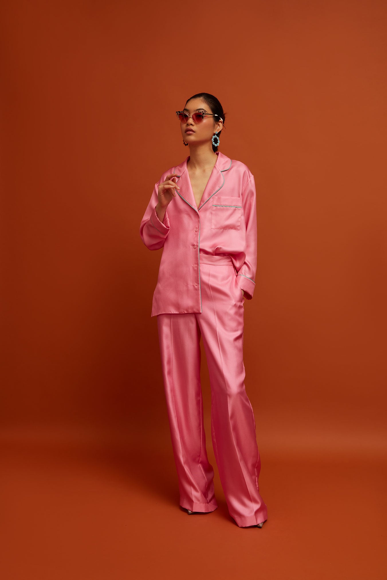 Electric pink silk twill trousers